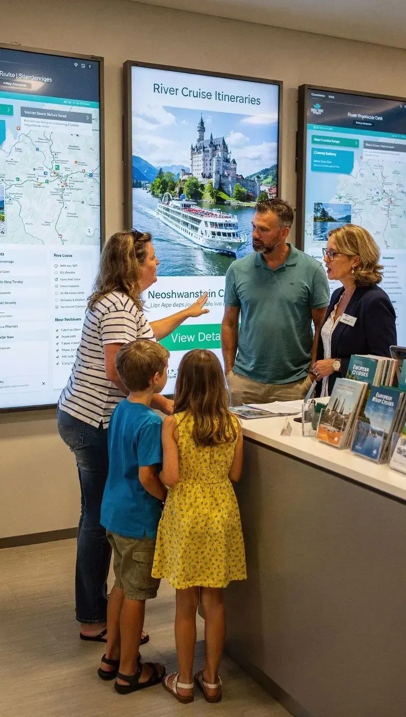Team im Planungszentrum bespricht maßgeschneiderte Flusskreuzfahrt-Pakete mit einem Paar.