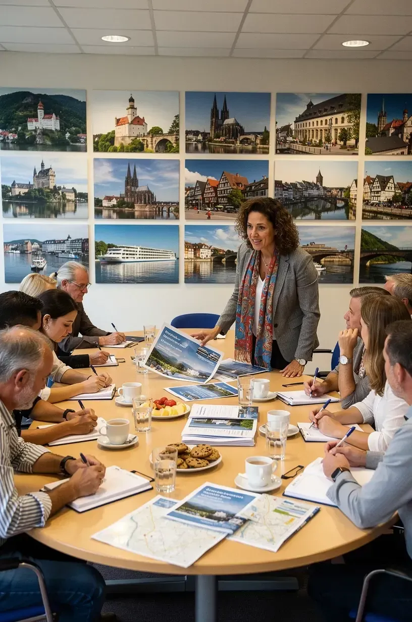 Beratungsgespräch in einem Flusskreuzfahrt-Planungszentrum mit Blick auf Reiseführer und Karten.
